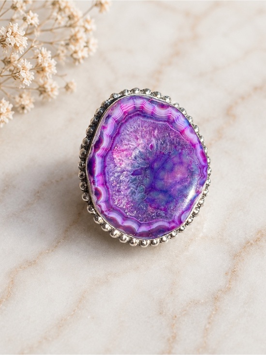 Jewelry - Purple Dragon Vein Agate Ring Size 8.5 Druzy Statement Ring 925 Sterling Silver